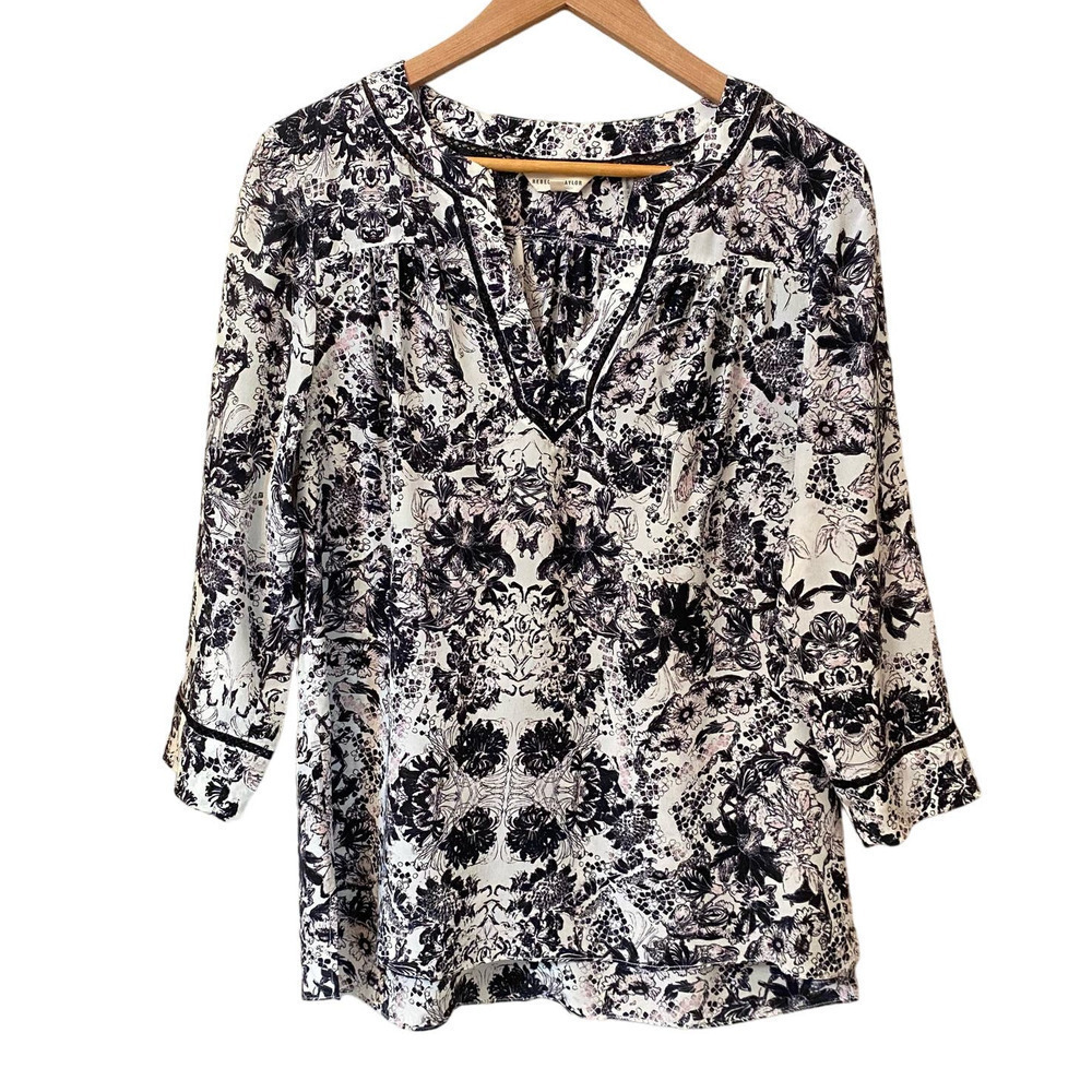 Rebecca Taylor Silk Floral 3/4 Sleeves Blouse Flowy Crochet Women's Sz 6 Office